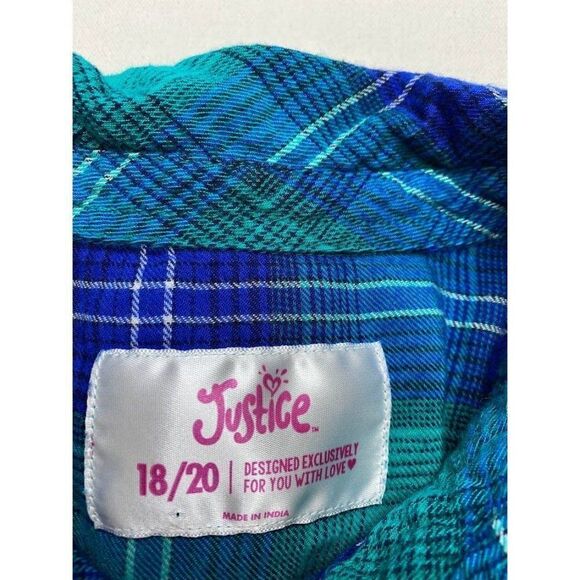 2 Ct Justice‎ Girls Plaid Button Down Tops Pink White  & Green Blue Sz 18 20 - Picture 6 of 7